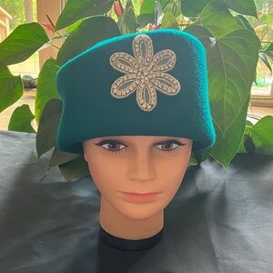 Elegant Kelly Green Wool Hat with Silver Rhinestone Beaded Floral Embellishment